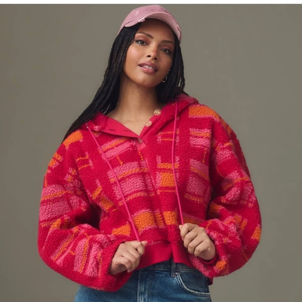 Anthropologie Porridge Quinn Sherpa Hoodie Womens Medium Plaid Pink Orange